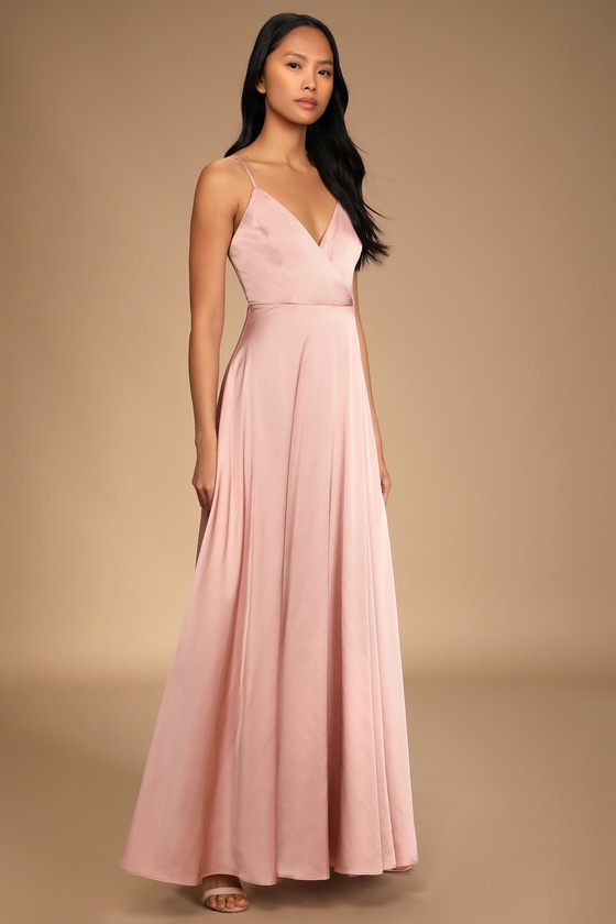 Blush Pink Satin Dress - Surplice Gown ...